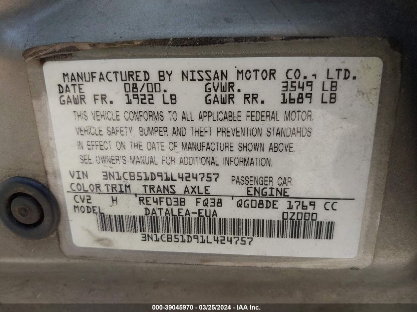 2001 Nissan Sentra Gxe VIN: 3N1CB51D91L424757 Lot: 39045970