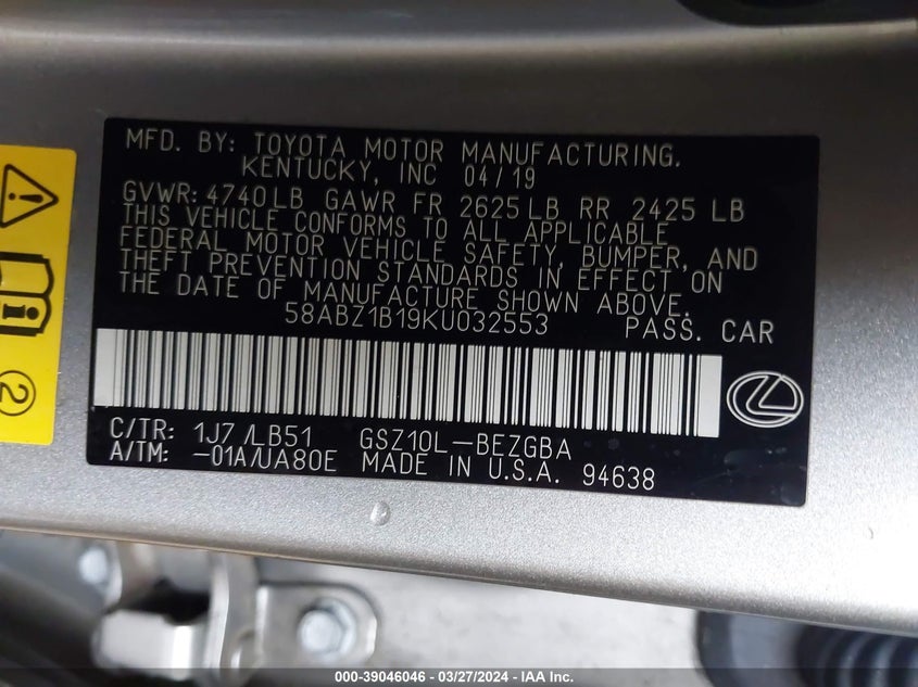VIN 58ABZ1B19KU032553 2019 LEXUS ES 350 LUXURY
