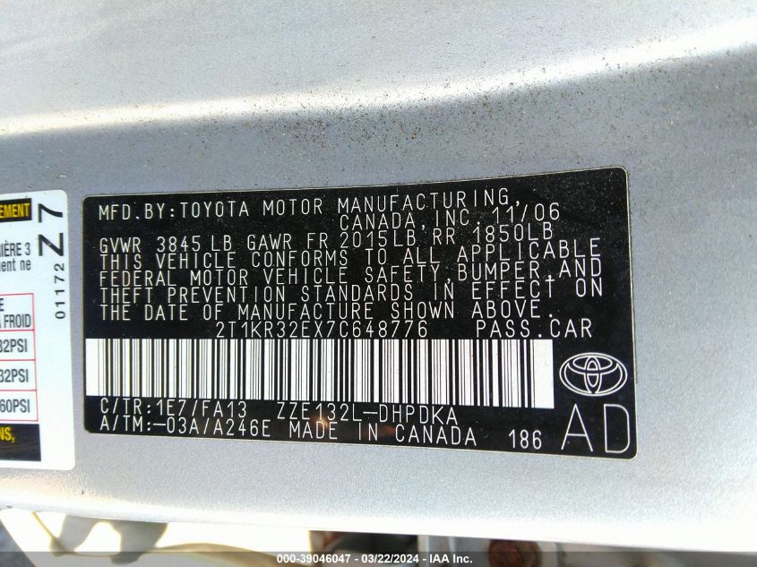 2T1KR32EX7C648776 | 2007 TOYOTA MATRIX