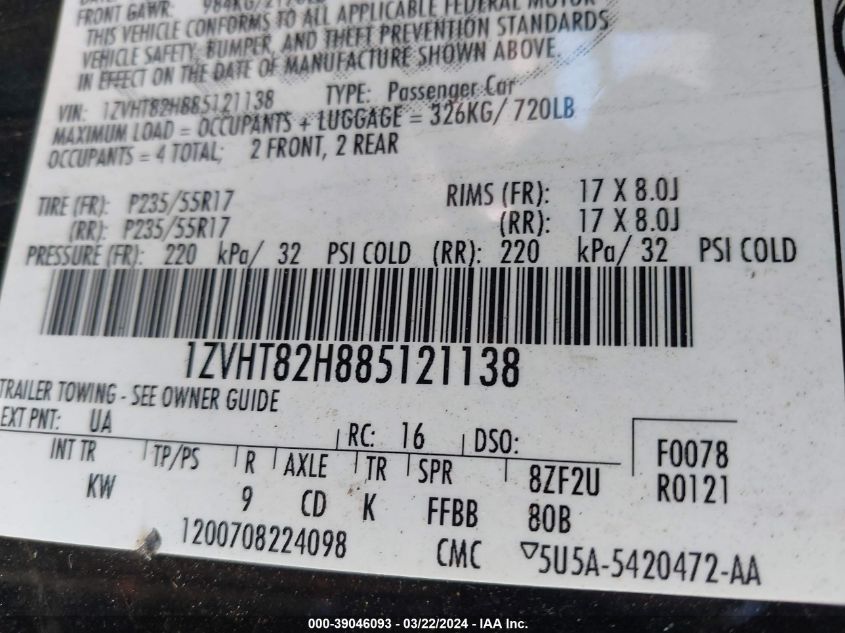 2008 Ford Mustang Gt Deluxe/Gt Premium VIN: 1ZVHT82H885121138 Lot: 39046093