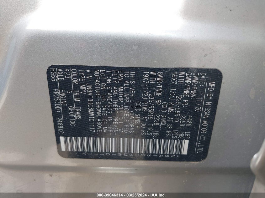 VIN JN8AT3DC8MW101117 2021 NISSAN ROGUE PLATINUM FWD