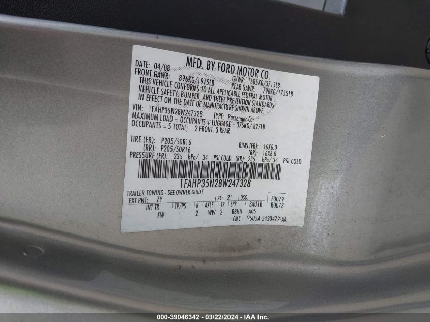 1FAHP35N28W247328 | 2008 FORD FOCUS