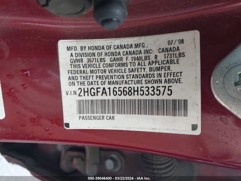 2HGFA16568H533575 | 2008 HONDA CIVIC