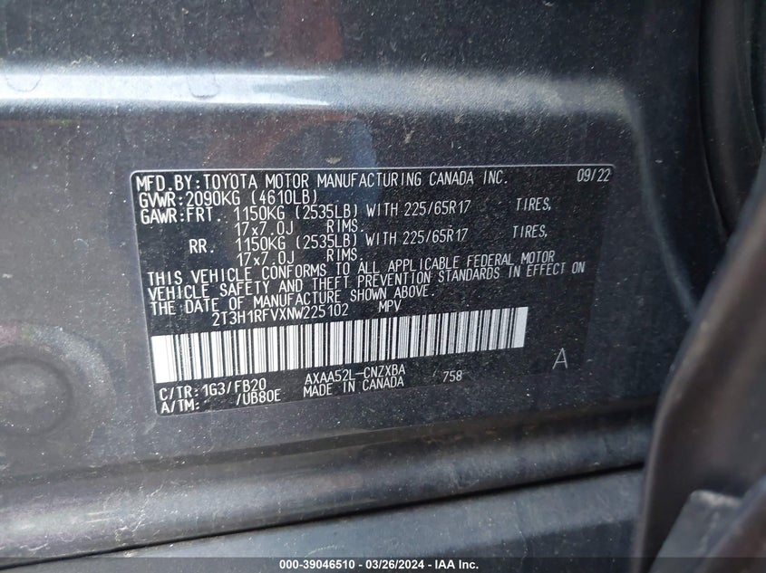 VIN 2T3H1RFVXNW225102 2022 TOYOTA RAV4 LE