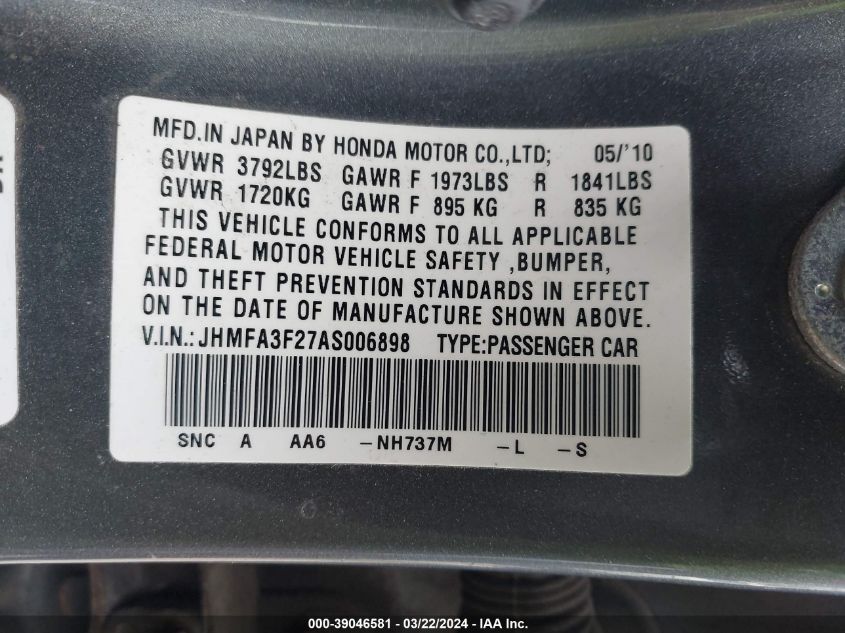 JHMFA3F27AS006898 | 2010 HONDA CIVIC HYBRID