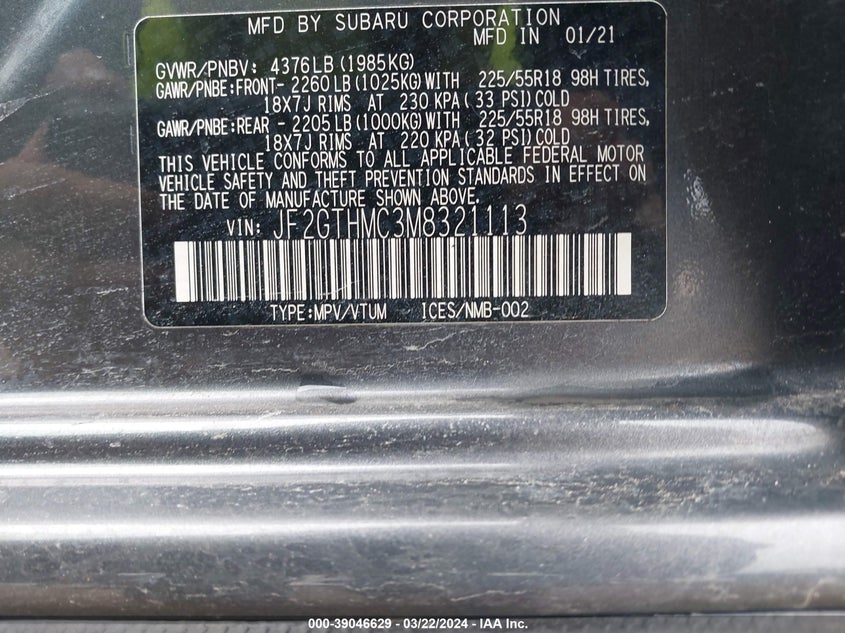 2021 SUBARU CROSSTREK(VIN: JF2GTHMC3M8321113