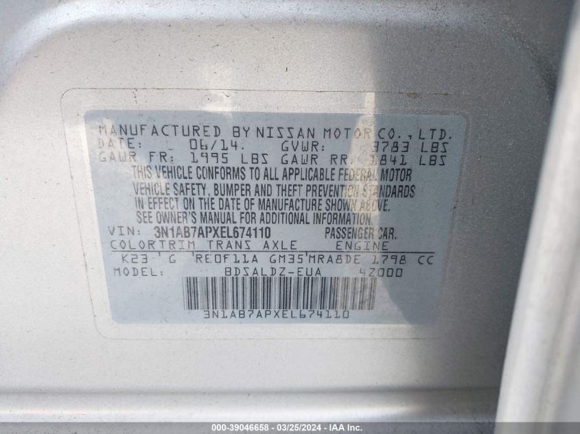 3N1AB7APXEL674110 | 2014 NISSAN SENTRA