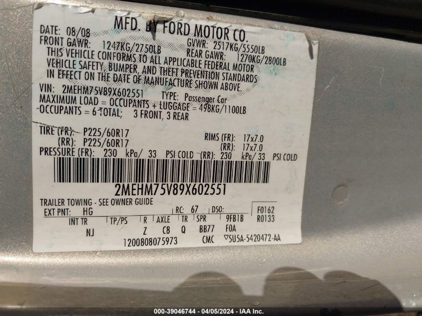 2MEHM75V89X602551 2009 Mercury Grand Marquis Ls (Fleet Only)