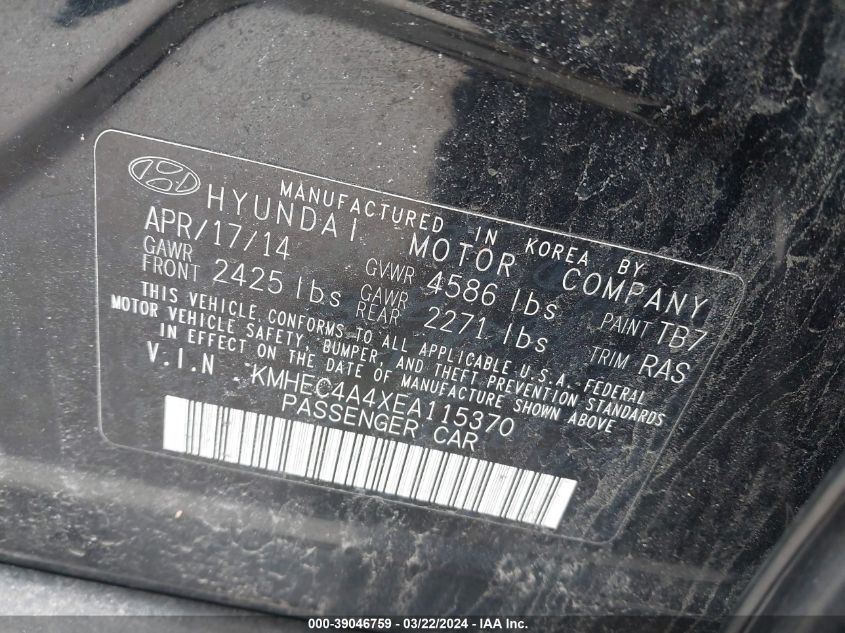 KMHEC4A4XEA115370 | 2014 HYUNDAI SONATA HYBRID