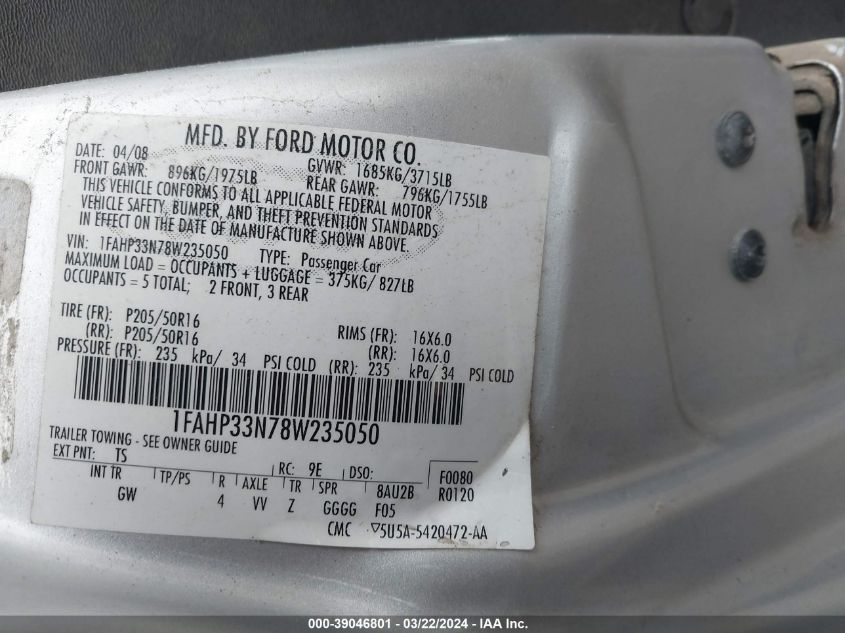 1FAHP33N78W235050 | 2008 FORD FOCUS