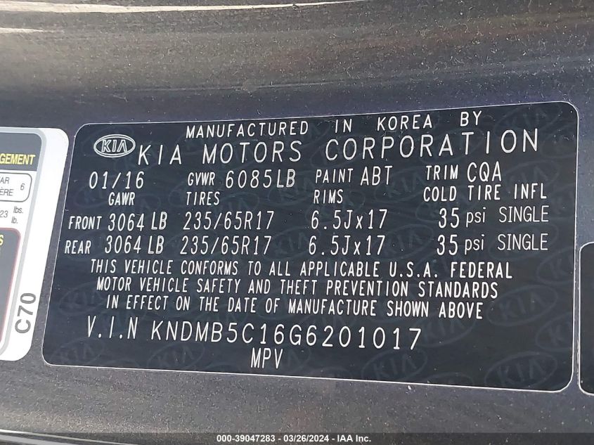 KNDMB5C16G6201017 2016 Kia Sedona Lx