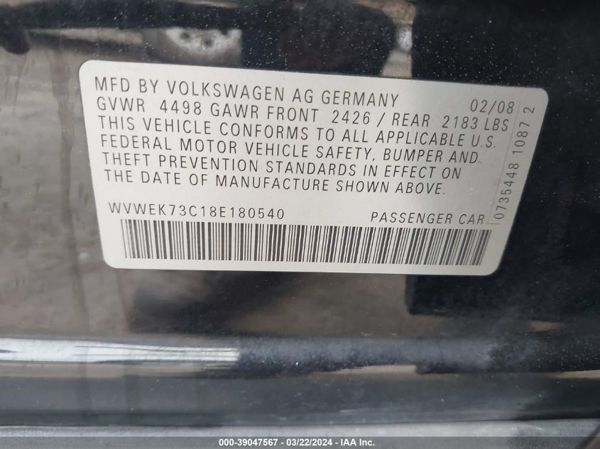 2008 Volkswagen Passat Lux VIN: WVWEK73C18E180540 Lot: 39047567