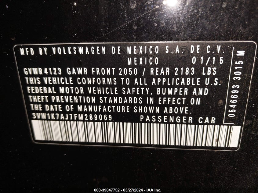 2015 VOLKSWAGEN JETTA 2.0L S - 3VW1K7AJ7FM289069