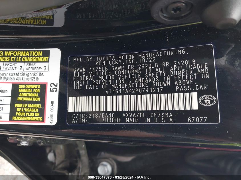 4T1G11AK2PU741217 | 2023 TOYOTA CAMRY