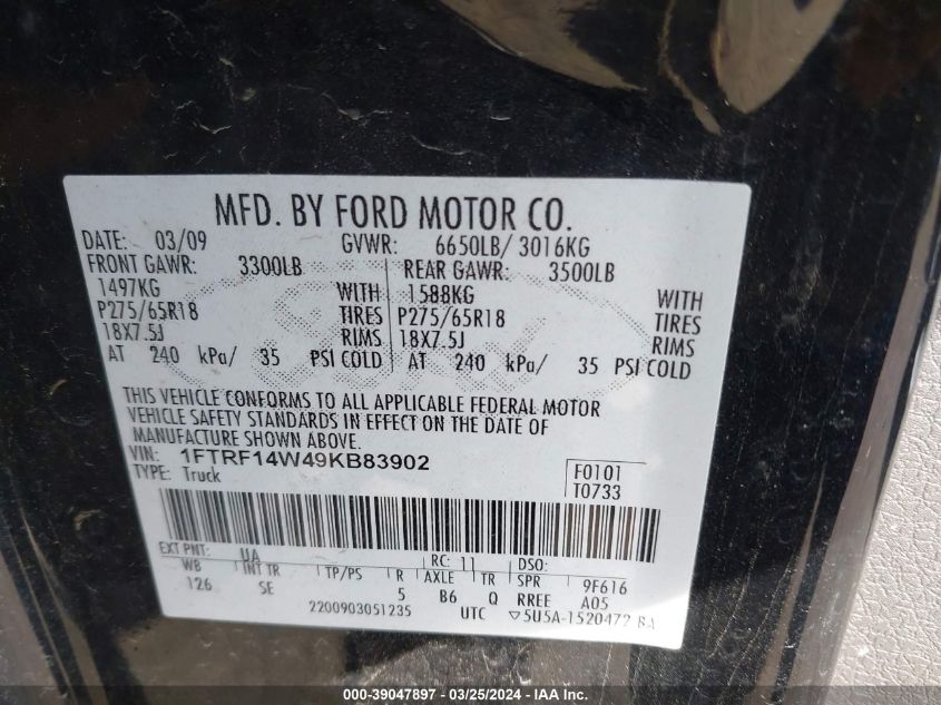 1FTRF14W49KB83902 | 2009 FORD F-150