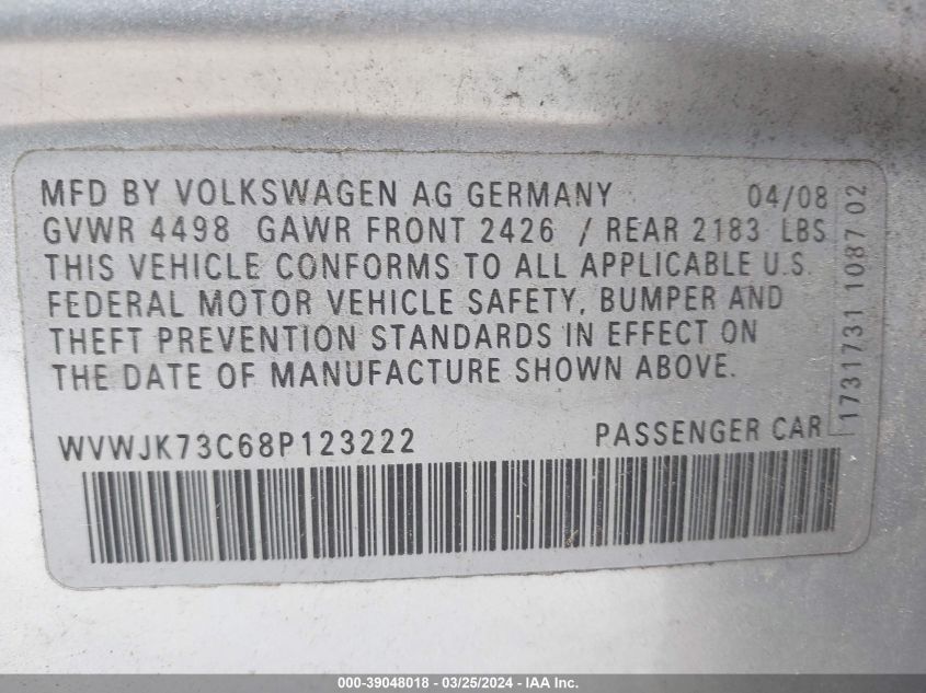 WVWJK73C68P123222 2008 Volkswagen Passat Turbo