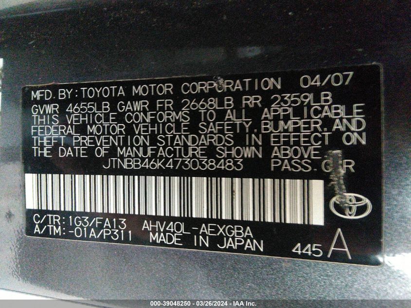 JTNBB46K473038483 | 2007 TOYOTA CAMRY HYBRID