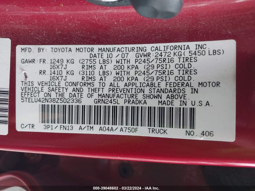 5TELU42N38Z502336 | 2008 TOYOTA TACOMA