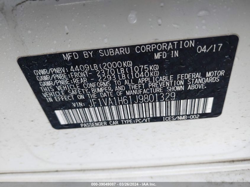 JF1VA1H61J9801329 2018 Subaru Wrx Limited