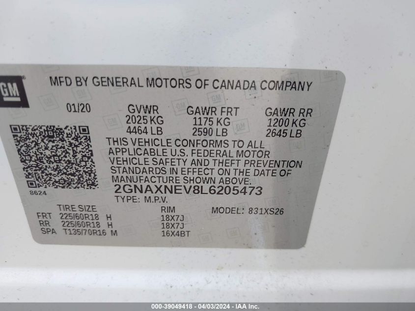 2020 Chevrolet Equinox Fwd Premier 1.5L Turbo VIN: 2GNAXNEV8L6205473 Lot: 39049418