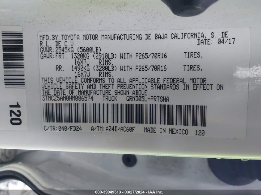 2017 TOYOTA TACOMA DBL CAB/SR/TRDSPT/OR/PRO - 3TMCZ5AN0HM086574