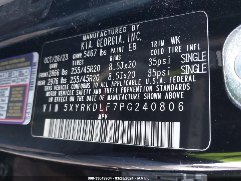 2023 Kia Sorento Sx VIN: 5XYRKDLF7PG240806 Lot: 39049904