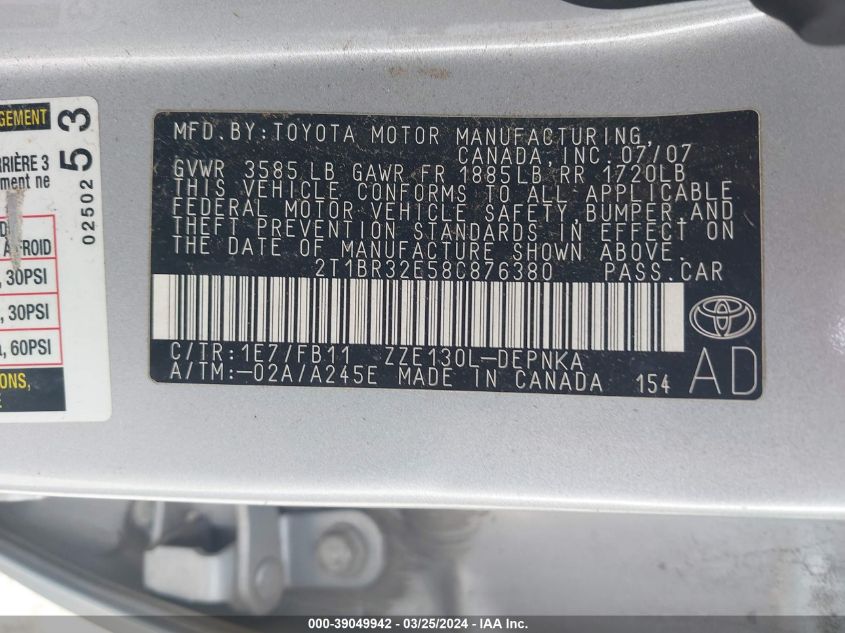 2T1BR32E58C876380 | 2008 TOYOTA COROLLA