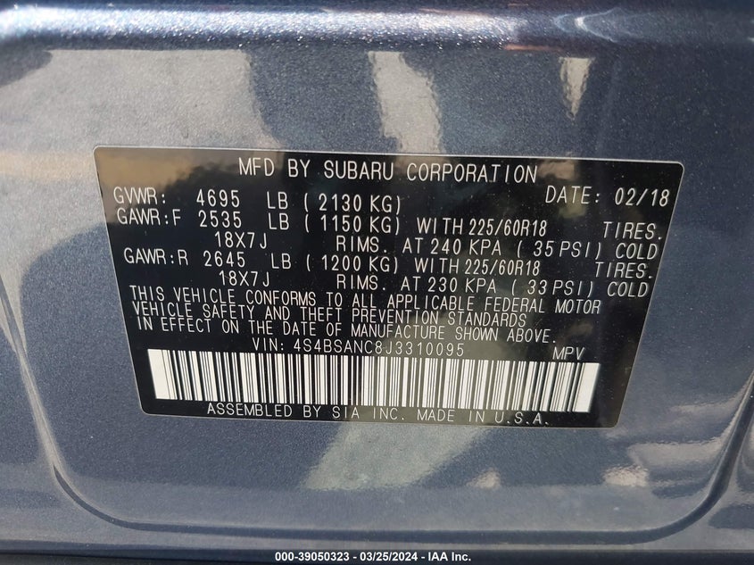 2018 SUBARU OUTBACK 2.5I LIMITED - 4S4BSANC8J3310095