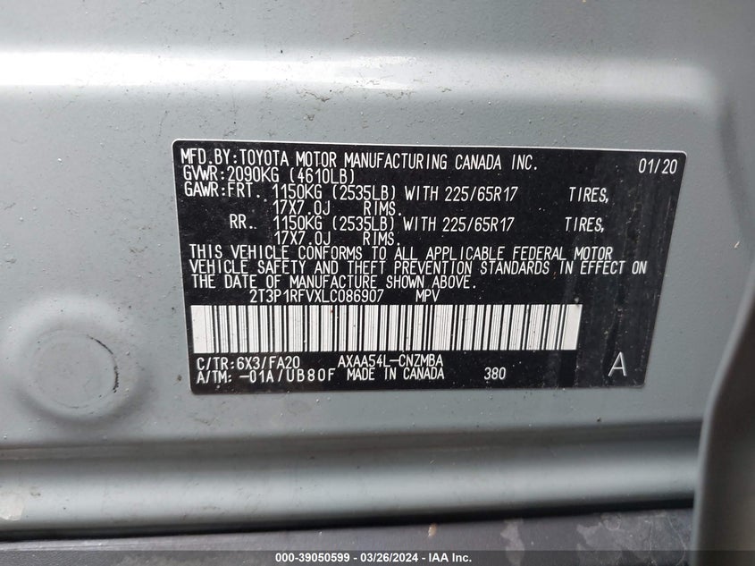 VIN 2T3P1RFVXLC086907 2020 TOYOTA RAV4 XLE
