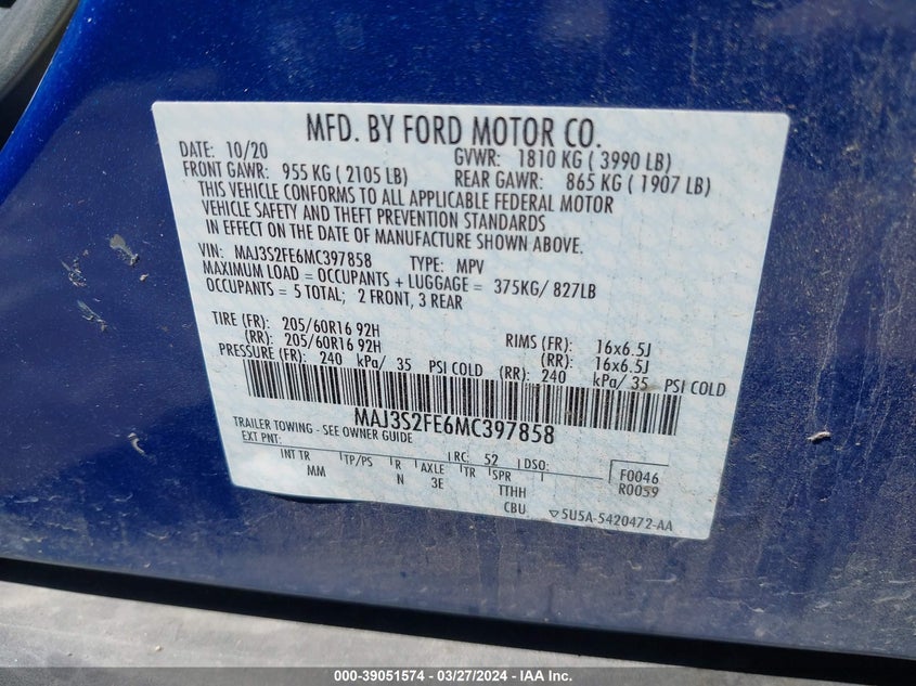 2021 FORD ECOSPORT 1.0L I-3 DI, DOHC, V(VIN: MAJ3S2FE6MC397858