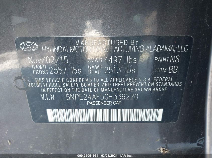 5NPE24AF5GH336220 | 2016 HYUNDAI SONATA