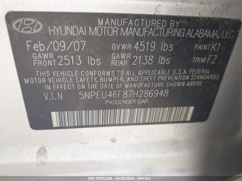 2007 Hyundai Sonata Limited/Se V6 VIN: 5NPEU46F87H286948 Lot: 39052264