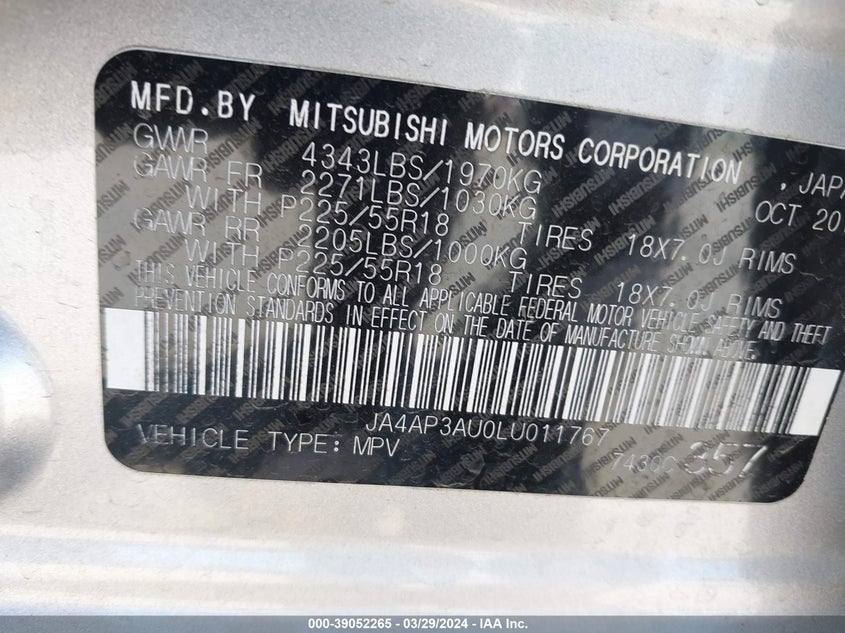 2020 MITSUBISHI OUTLANDER SPORT 2.0 ES - JA4AP3AU0LU011767