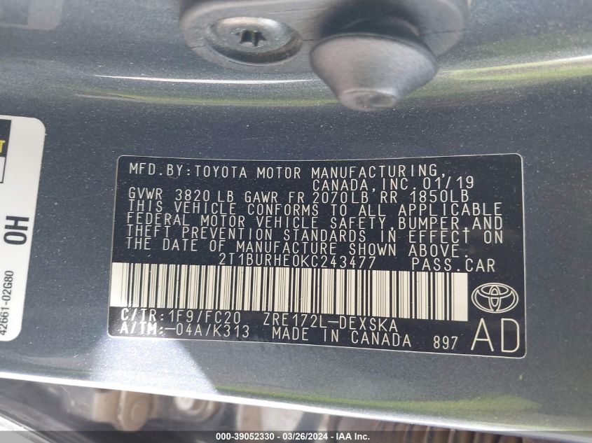 VIN 2T1BURHE0KC243477 2019 TOYOTA COROLLA SE
