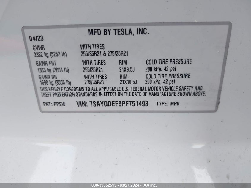 VIN 7SAYGDEF8PF751493 2023 TESLA MODEL Y