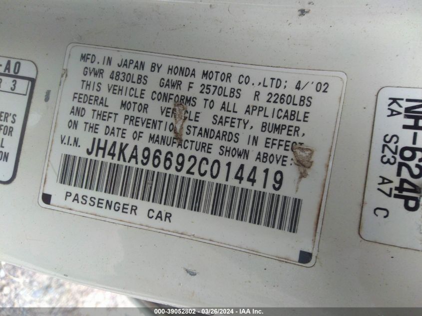 2002 Acura Rl VIN: JH4KA96692C014419 Lot: 39052802