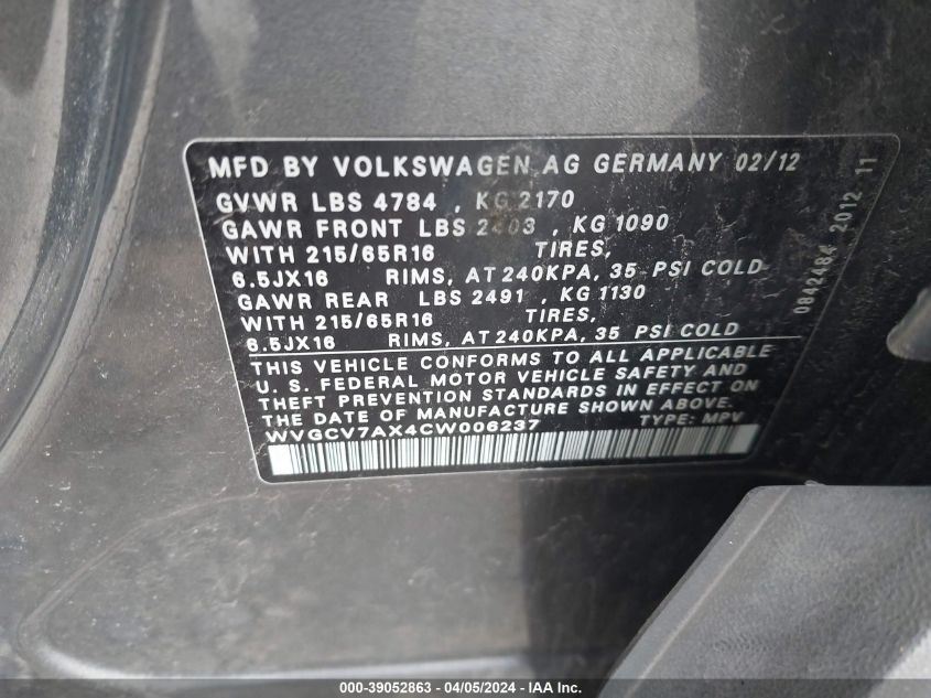 WVGCV7AX4CW006237 2012 Volkswagen Tiguan S