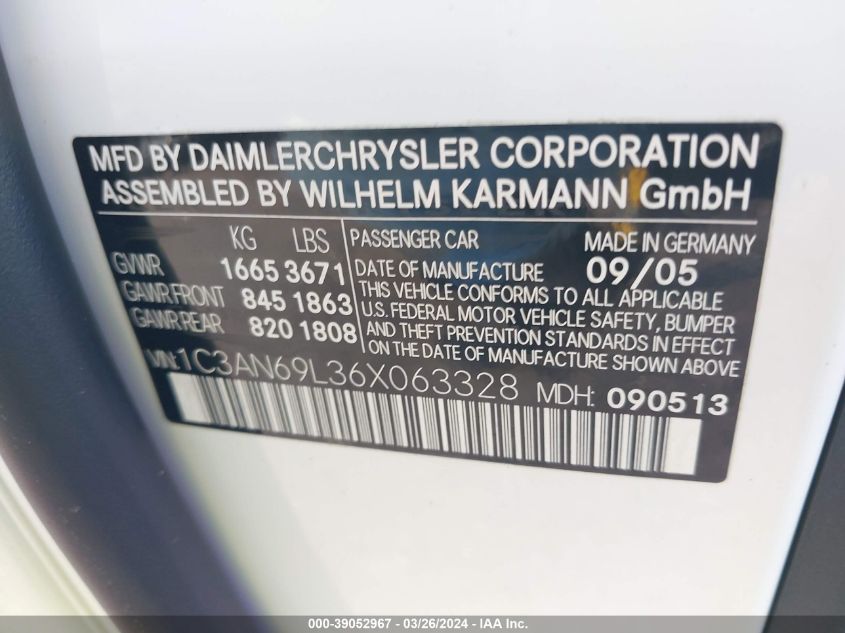 2006 Chrysler Crossfire Limited VIN: 1C3AN69L36X063328 Lot: 39052967