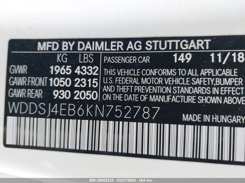2019 MERCEDES-BENZ CLA 250 VIN: WDDSJ4EB6KN752787