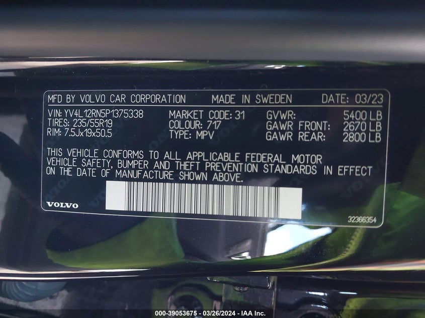 2023 VOLVO XC60 VIN: YV4L12RN5P1375338