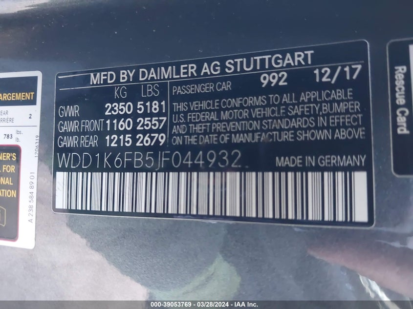 2018 MERCEDES-BENZ E 400 VIN: WDD1K6FB5JF044932