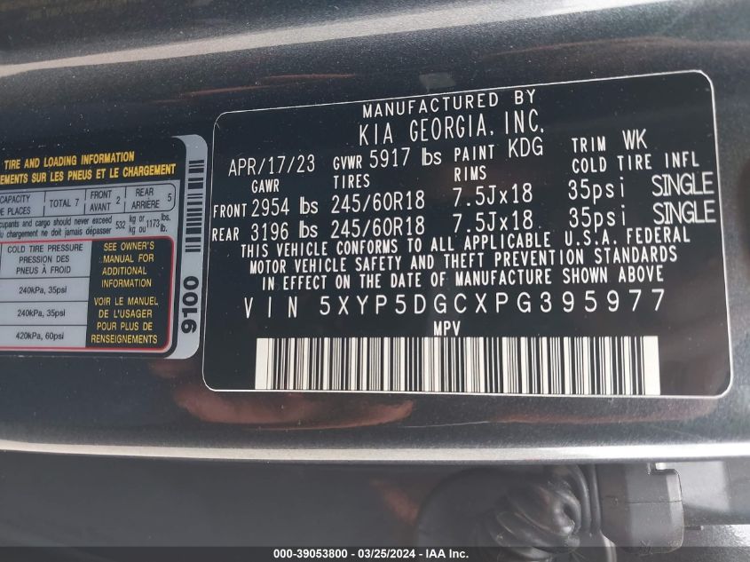 VIN 5XYP5DGCXPG395977 2023 KIA TELLURIDE no.9