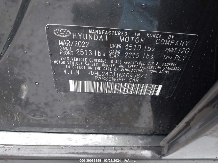 2022 Hyundai Sonata Hybrid Blue VIN: KMHL24JJ1NA049873 Lot: 39053959