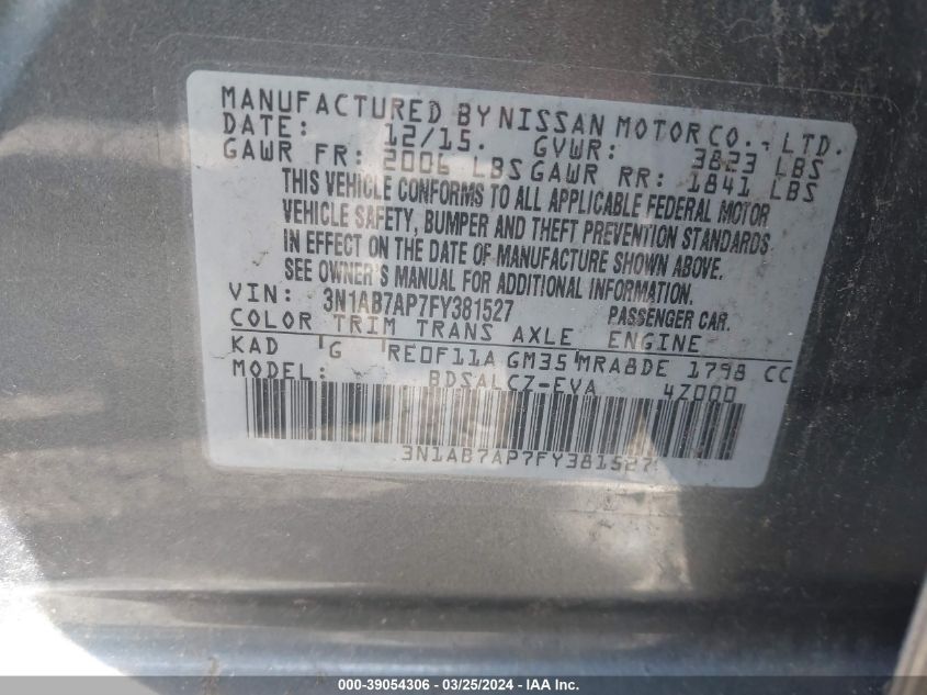 3N1AB7AP7FY381527 | 2015 NISSAN SENTRA