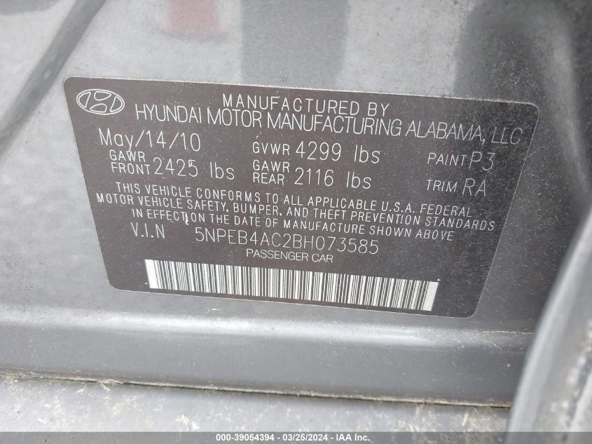 5NPEB4AC2BH073585 | 2011 HYUNDAI SONATA