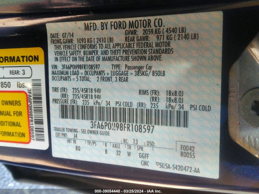 2015 FORD FUSION SE - 3FA6P0H98FR108597