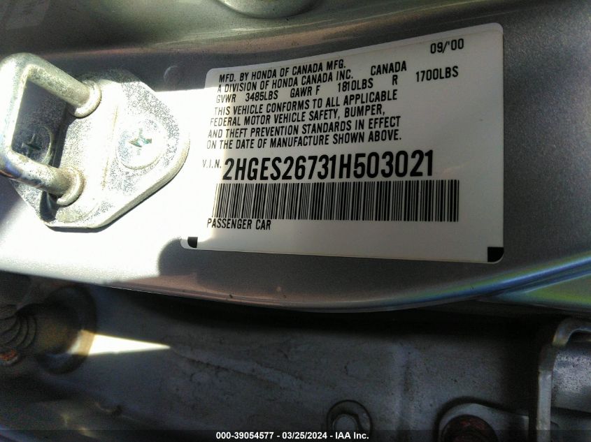 2HGES26731H503021 | 2001 HONDA CIVIC