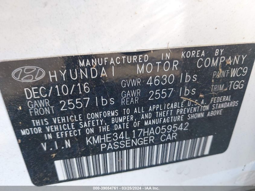 KMHE34L17HA059542 | 2017 HYUNDAI SONATA HYBRID