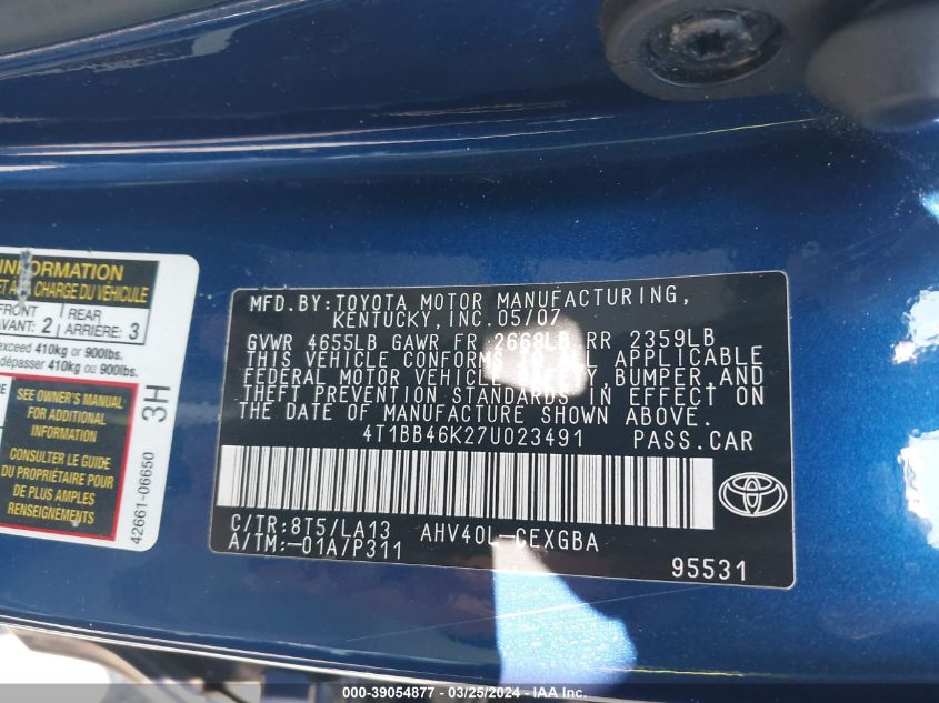 4T1BB46K27U023491 | 2007 TOYOTA CAMRY HYBRID