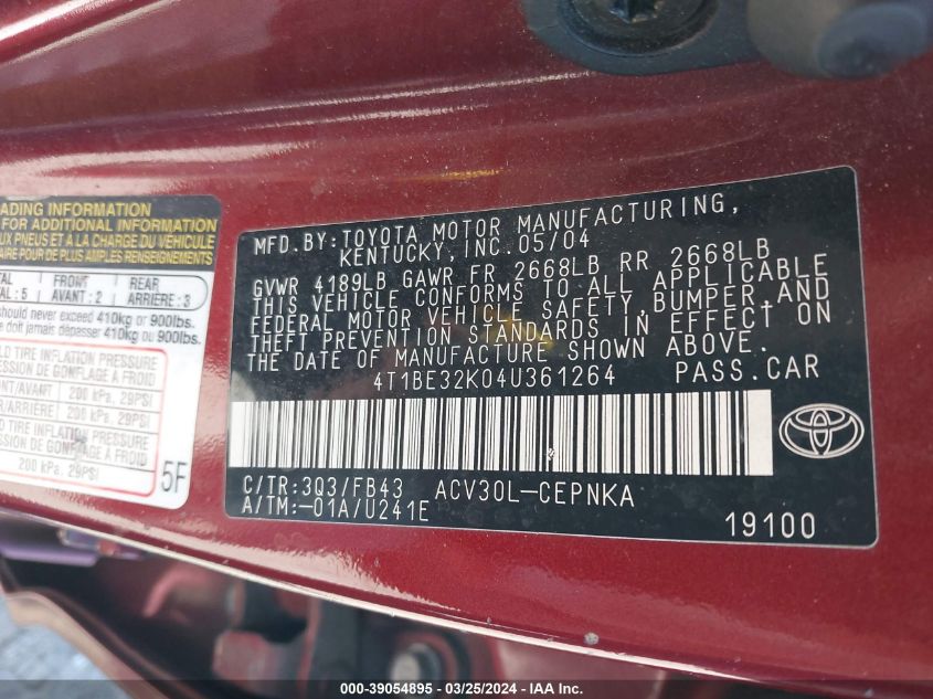 4T1BE32K04U361264 | 2004 TOYOTA CAMRY